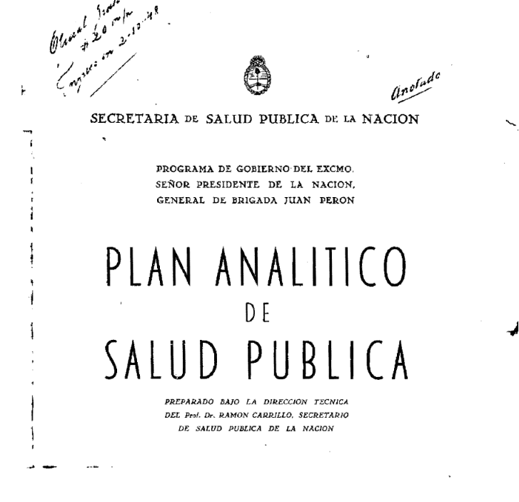 Tapa del Plan Analítico de Salud Pública, dirigido por Ramón Carrillo